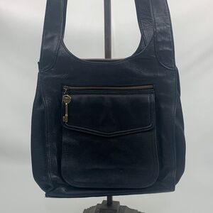 Vintage Fossil Black Leather Bag with Gold Key Accent Multiple pockets Zippers